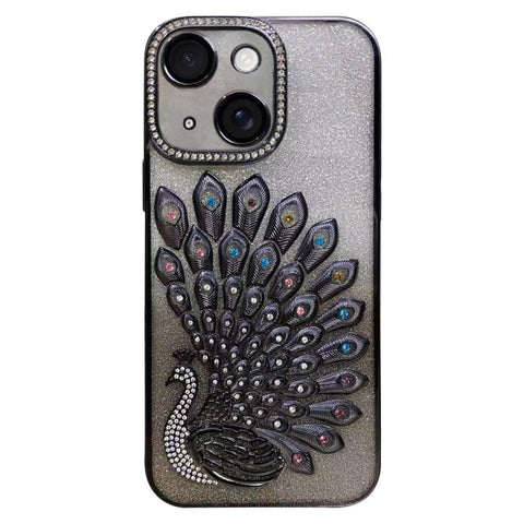 Electroplated TPU Peacock Relief Rhinestone Glitter Phone Case with Lens Film, For iPhone 16, For iPhone 15 Pro Max, For iPhone 15 Pro, For iPhone 15, For iPhone 14, For iPhone 14 Pro, For iPhone 14 Pro Max, For iPhone 13 Pro Max