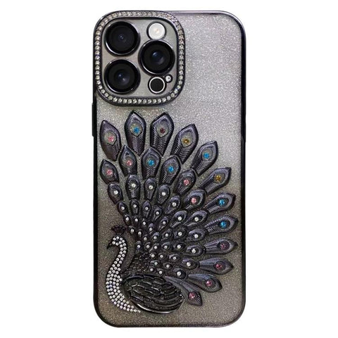 Electroplated TPU Peacock Relief Rhinestone Glitter Phone Case with Lens Film, For iPhone 16, For iPhone 15 Pro Max, For iPhone 15 Pro, For iPhone 15, For iPhone 14, For iPhone 14 Pro, For iPhone 14 Pro Max, For iPhone 13 Pro Max