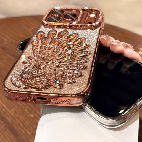 Electroplated TPU Peacock Relief Rhinestone Glitter Phone Case with Lens Film, For iPhone 18 Pro, For iPhone 18 Pro Max, For iPhone 17 Pro Max, For iPhone 17 Pro, For iPhone 17, For iPhone 16 Pro Max, For iPhone 16 Pro, For iPhone 16 Plus