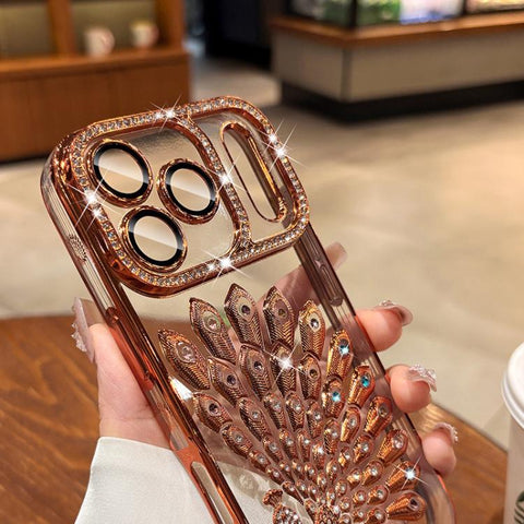 Electroplated TPU Peacock Relief Rhinestone Glitter Phone Case with Lens Film, For iPhone 18 Pro, For iPhone 18 Pro Max, For iPhone 17 Pro Max, For iPhone 17 Pro, For iPhone 17, For iPhone 16 Pro Max, For iPhone 16 Pro, For iPhone 16 Plus