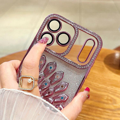 Electroplated TPU Peacock Relief Rhinestone Glitter Phone Case with Lens Film, For iPhone 18 Pro, For iPhone 18 Pro Max, For iPhone 17 Pro Max, For iPhone 17 Pro, For iPhone 17, For iPhone 16 Pro Max, For iPhone 16 Pro, For iPhone 16 Plus