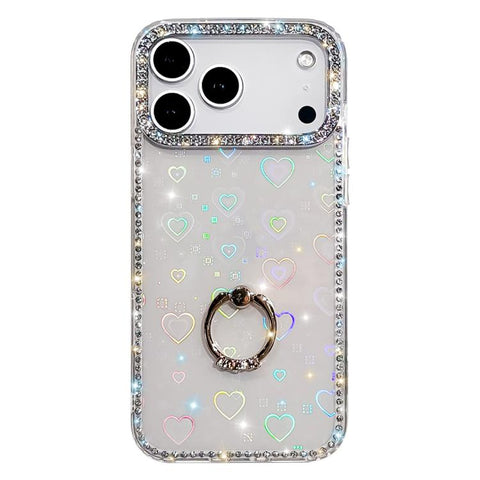 Rhinestone Ring Holder Dual-side IMD PC Hybrid TPU Phone Case, For iPhone 18 Pro / 17 Pro, For iPhone 18 Pro Max / 17 Pro Max, For iPhone 17, For iPhone Air, For iPhone 16 Pro Max, For iPhone 16 Pro, For iPhone 16 Plus, For iPhone 16
