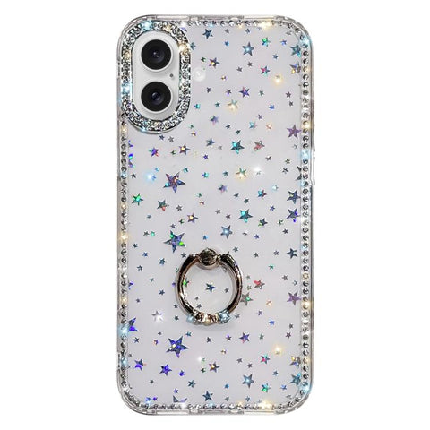 Rhinestone Ring Holder Dual-side IMD PC Hybrid TPU Phone Case, For iPhone 18 Pro / 17 Pro, For iPhone 18 Pro Max / 17 Pro Max, For iPhone 17, For iPhone Air, For iPhone 16 Pro Max, For iPhone 16 Pro, For iPhone 16 Plus, For iPhone 16