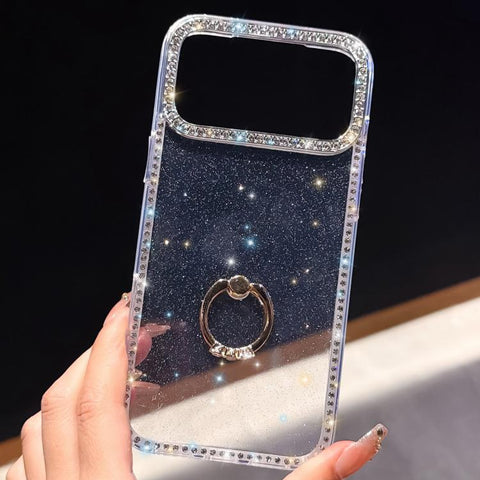 Rhinestone Ring Holder Dual-side IMD PC Hybrid TPU Phone Case, For iPhone 15 Pro Max, For iPhone 15 Pro, For iPhone 15, For iPhone 14, For iPhone 14 Pro, For iPhone 14 Pro Max, For iPhone 13 Pro Max, For iPhone 13 Pro