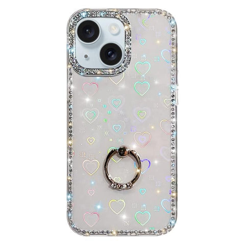 Rhinestone Ring Holder Dual-side IMD PC Hybrid TPU Phone Case, For iPhone 15 Pro Max, For iPhone 15 Pro, For iPhone 15, For iPhone 14, For iPhone 14 Pro, For iPhone 14 Pro Max, For iPhone 13 Pro Max, For iPhone 13 Pro