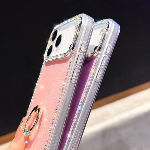 Rhinestone Ring Holder Dual-side IMD PC Hybrid TPU Phone Case, For iPhone 18 Pro / 17 Pro, For iPhone 18 Pro Max / 17 Pro Max, For iPhone 17, For iPhone Air, For iPhone 16 Pro Max, For iPhone 16 Pro, For iPhone 16 Plus, For iPhone 16