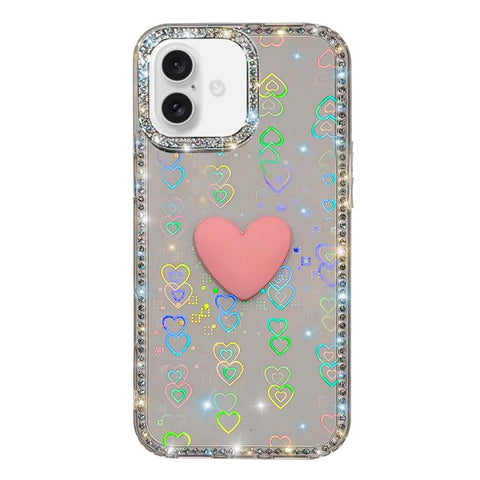 Flash Rhinestone Double-sided IMD Love Heart Phone Case, For iPhone 16 Pro Max, For iPhone 16 Pro, For iPhone 16 Plus, For iPhone 16, For iPhone 15 Pro Max