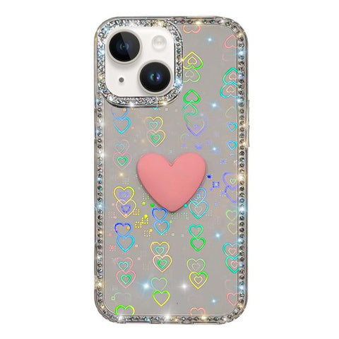 Flash Rhinestone Double-sided IMD Love Heart Phone Case, For iPhone 15 Pro, For iPhone 15, For iPhone 14, For iPhone 14 Pro, For iPhone 14 Pro Max