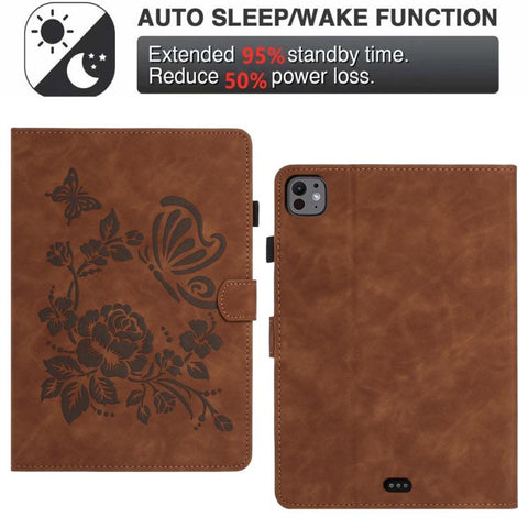 Butterfly Loves Flowers Embossed Leather Smart Tablet Case, For iPad Air 11 2026 / 2025 / 2024, For iPad 2025 / 2022, For iPad mini 2024 / mini 6, For iPad 10.2 2021 / 10.5 2019, For iPad mini 5 / 4 / 3 / 2 / 1, For iPad 9.7 2018 / 2017