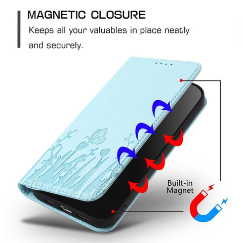 Tulips Butterfly Pattern Magnetic Vegan Leather Phone Case, For iPhone 18 Pro / 17 Pro, For iPhone 18 Pro Max / 17 Pro Max, For iPhone 17e / 16e, For iPhone 17