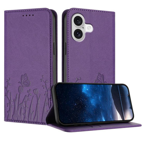 Tulips Butterfly Pattern Magnetic Vegan Leather Phone Case, For iPhone 18 Pro / 17 Pro, For iPhone 18 Pro Max / 17 Pro Max, For iPhone 17e / 16e, For iPhone 17