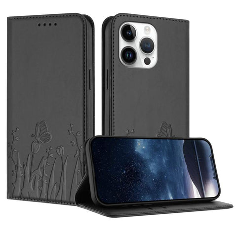 Tulips Butterfly Pattern Magnetic Vegan Leather Phone Case, For iPhone 16, For iPhone 15 Pro Max, For iPhone 15 Pro, For iPhone 15 Plus