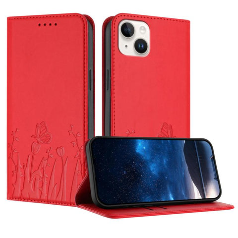 Tulips Butterfly Pattern Magnetic Vegan Leather Phone Case, For iPhone 16, For iPhone 15 Pro Max, For iPhone 15 Pro, For iPhone 15 Plus
