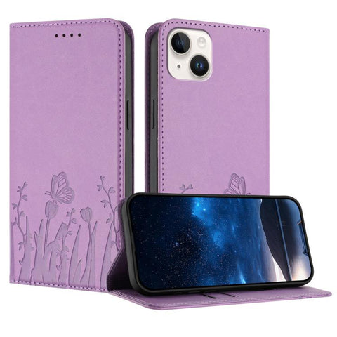 Tulips Butterfly Pattern Magnetic Vegan Leather Phone Case, For iPhone 16, For iPhone 15 Pro Max, For iPhone 15 Pro, For iPhone 15 Plus