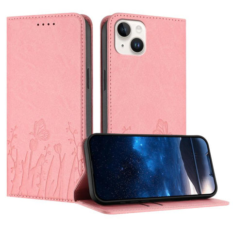 Tulips Butterfly Pattern Magnetic Vegan Leather Phone Case, For iPhone 16, For iPhone 15 Pro Max, For iPhone 15 Pro, For iPhone 15 Plus