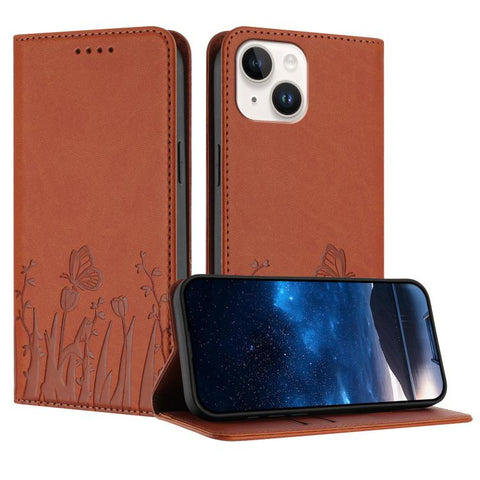 Tulips Butterfly Pattern Magnetic Vegan Leather Phone Case, For iPhone 15, For iPhone 14 Plus, For iPhone 14, For iPhone 14 Pro
