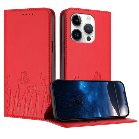 Tulips Butterfly Pattern Magnetic Vegan Leather Phone Case, For iPhone 15, For iPhone 14 Plus, For iPhone 14, For iPhone 14 Pro
