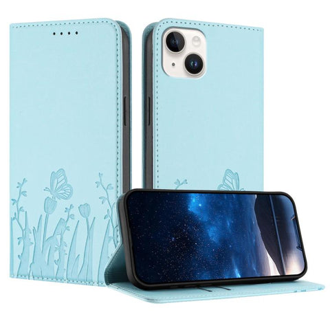 Tulips Butterfly Pattern Magnetic Vegan Leather Phone Case, For iPhone 15, For iPhone 14 Plus, For iPhone 14, For iPhone 14 Pro