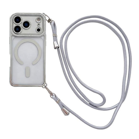 Rhinestone Clear Acrylic Electroplated Magnetic Phone Case with Right-Side Crossbody Lanyard, For iPhone 17 Pro Max, For iPhone 17 Pro, For iPhone 17, For iPhone Air, For iPhone 16 Pro Max, For iPhone 16 Pro, For iPhone 16 Plus, For iPhone 16          ...