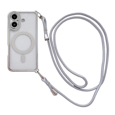 Rhinestone Clear Acrylic Electroplated Magnetic Phone Case with Right-Side Crossbody Lanyard, For iPhone 17 Pro Max, For iPhone 17 Pro, For iPhone 17, For iPhone Air, For iPhone 16 Pro Max, For iPhone 16 Pro, For iPhone 16 Plus, For iPhone 16          ...