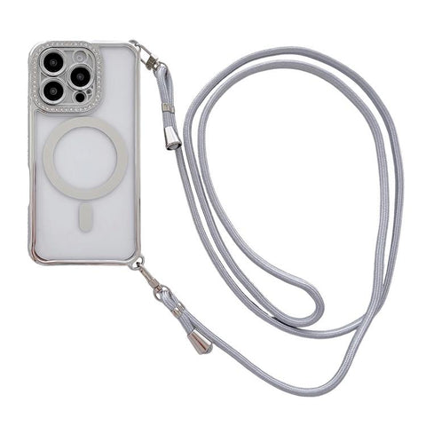 Rhinestone Clear Acrylic Electroplated Magnetic Phone Case with Right-Side Crossbody Lanyard, For iPhone 17 Pro Max, For iPhone 17 Pro, For iPhone 17, For iPhone Air, For iPhone 16 Pro Max, For iPhone 16 Pro, For iPhone 16 Plus, For iPhone 16          ...