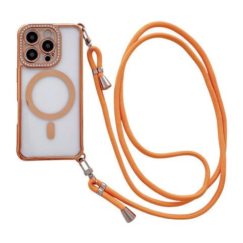 Rhinestone Clear Acrylic Electroplated Magnetic Phone Case with Right-Side Crossbody Lanyard, For iPhone 17 Pro Max, For iPhone 17 Pro, For iPhone 17, For iPhone Air, For iPhone 16 Pro Max, For iPhone 16 Pro, For iPhone 16 Plus, For iPhone 16          ...