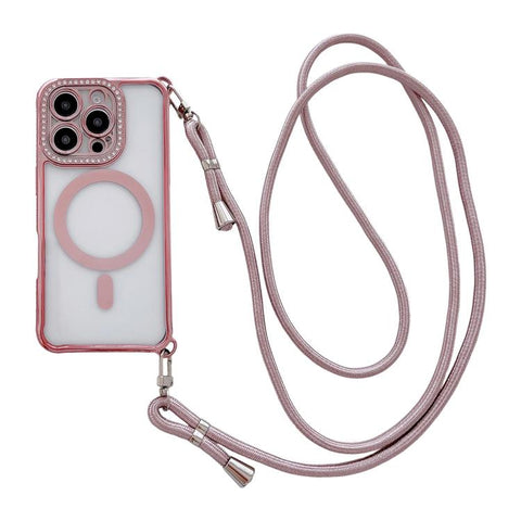 Rhinestone Clear Acrylic Electroplated Magnetic Phone Case with Right-Side Crossbody Lanyard, For iPhone 17 Pro Max, For iPhone 17 Pro, For iPhone 17, For iPhone Air, For iPhone 16 Pro Max, For iPhone 16 Pro, For iPhone 16 Plus, For iPhone 16          ...