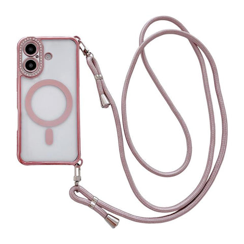 Rhinestone Clear Acrylic Electroplated Magnetic Phone Case with Right-Side Crossbody Lanyard, For iPhone 17 Pro Max, For iPhone 17 Pro, For iPhone 17, For iPhone Air, For iPhone 16 Pro Max, For iPhone 16 Pro, For iPhone 16 Plus, For iPhone 16          ...