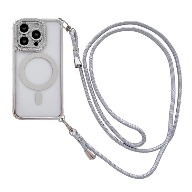 Rhinestone Clear Acrylic Electroplated Magnetic Phone Case with Right-Side Crossbody Lanyard, For iPhone 15 Pro, For iPhone 15 Plus / 14 Plus, For iPhone 15, For iPhone 14 / 13, For iPhone 14 Pro, For iPhone 14 Pro Max, For iPhone 13 Pro Max           ...