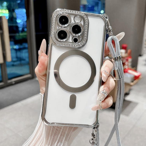 Rhinestone Clear Acrylic Electroplated Magnetic Phone Case with Right-Side Crossbody Lanyard, For iPhone 15 Pro, For iPhone 15 Plus / 14 Plus, For iPhone 15, For iPhone 14 / 13, For iPhone 14 Pro, For iPhone 14 Pro Max, For iPhone 13 Pro Max           ...