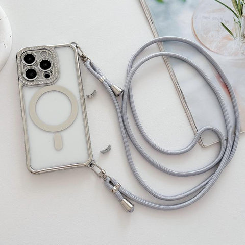 Rhinestone Clear Acrylic Electroplated Magnetic Phone Case with Right-Side Crossbody Lanyard, For iPhone 15 Pro, For iPhone 15 Plus / 14 Plus, For iPhone 15, For iPhone 14 / 13, For iPhone 14 Pro, For iPhone 14 Pro Max, For iPhone 13 Pro Max           ...