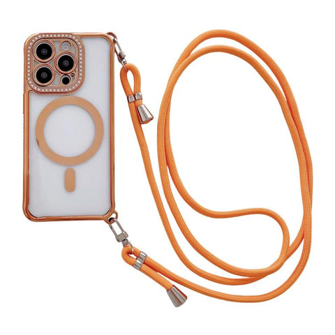 Rhinestone Clear Acrylic Electroplated Magnetic Phone Case with Right-Side Crossbody Lanyard, For iPhone 15 Pro, For iPhone 15 Plus / 14 Plus, For iPhone 15, For iPhone 14 / 13, For iPhone 14 Pro, For iPhone 14 Pro Max, For iPhone 13 Pro Max           ...