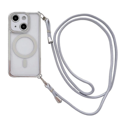 Rhinestone Clear Acrylic Electroplated Magnetic Phone Case with Right-Side Crossbody Lanyard, For iPhone 15 Pro, For iPhone 15 Plus / 14 Plus, For iPhone 15, For iPhone 14 / 13, For iPhone 14 Pro, For iPhone 14 Pro Max, For iPhone 13 Pro Max           ...
