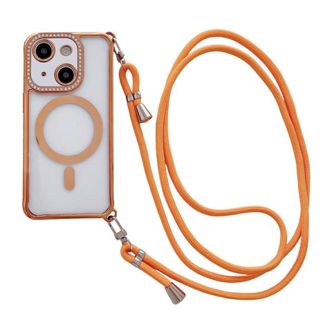Rhinestone Clear Acrylic Electroplated Magnetic Phone Case with Right-Side Crossbody Lanyard, For iPhone 15 Pro, For iPhone 15 Plus / 14 Plus, For iPhone 15, For iPhone 14 / 13, For iPhone 14 Pro, For iPhone 14 Pro Max, For iPhone 13 Pro Max           ...