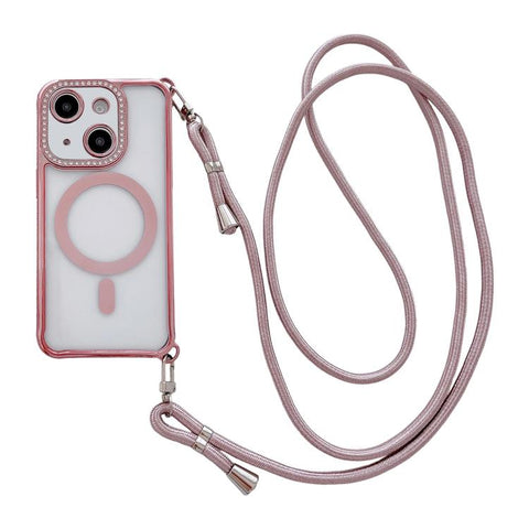 Rhinestone Clear Acrylic Electroplated Magnetic Phone Case with Right-Side Crossbody Lanyard, For iPhone 15 Pro, For iPhone 15 Plus / 14 Plus, For iPhone 15, For iPhone 14 / 13, For iPhone 14 Pro, For iPhone 14 Pro Max, For iPhone 13 Pro Max           ...
