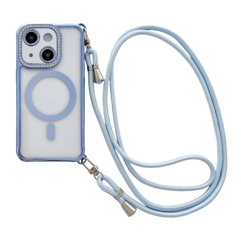 Rhinestone Clear Acrylic Electroplated Magnetic Phone Case with Right-Side Crossbody Lanyard, For iPhone 15 Pro, For iPhone 15 Plus / 14 Plus, For iPhone 15, For iPhone 14 / 13, For iPhone 14 Pro, For iPhone 14 Pro Max, For iPhone 13 Pro Max           ...