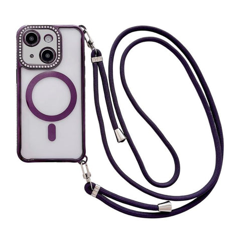 Rhinestone Clear Acrylic Electroplated Magnetic Phone Case with Right-Side Crossbody Lanyard, For iPhone 15 Pro, For iPhone 15 Plus / 14 Plus, For iPhone 15, For iPhone 14 / 13, For iPhone 14 Pro, For iPhone 14 Pro Max, For iPhone 13 Pro Max           ...