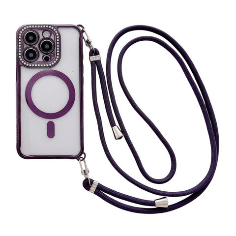 Rhinestone Clear Acrylic Electroplated Magnetic Phone Case with Right-Side Crossbody Lanyard, For iPhone 15 Pro, For iPhone 15 Plus / 14 Plus, For iPhone 15, For iPhone 14 / 13, For iPhone 14 Pro, For iPhone 14 Pro Max, For iPhone 13 Pro Max           ...