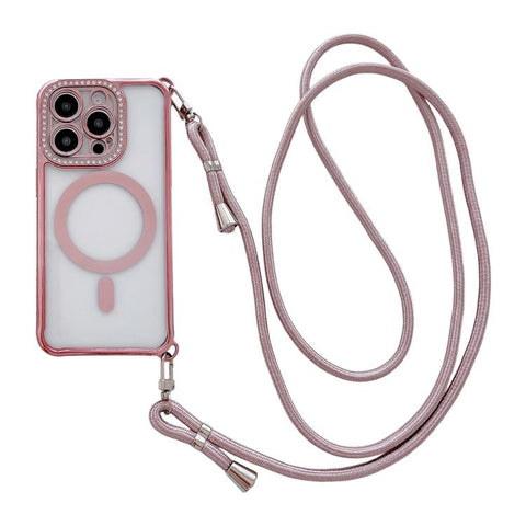 Rhinestone Clear Acrylic Electroplated Magnetic Phone Case with Right-Side Crossbody Lanyard, For iPhone 15 Pro, For iPhone 15 Plus / 14 Plus, For iPhone 15, For iPhone 14 / 13, For iPhone 14 Pro, For iPhone 14 Pro Max, For iPhone 13 Pro Max           ...