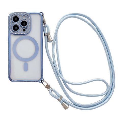 Rhinestone Clear Acrylic Electroplated Magnetic Phone Case with Right-Side Crossbody Lanyard, For iPhone 15 Pro, For iPhone 15 Plus / 14 Plus, For iPhone 15, For iPhone 14 / 13, For iPhone 14 Pro, For iPhone 14 Pro Max, For iPhone 13 Pro Max           ...