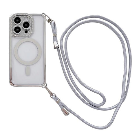 Rhinestone Clear Acrylic Electroplated Magnetic Phone Case with Right-Side Crossbody Lanyard, For iPhone 15 Pro, For iPhone 15 Plus / 14 Plus, For iPhone 15, For iPhone 14 / 13, For iPhone 14 Pro, For iPhone 14 Pro Max, For iPhone 13 Pro Max           ...