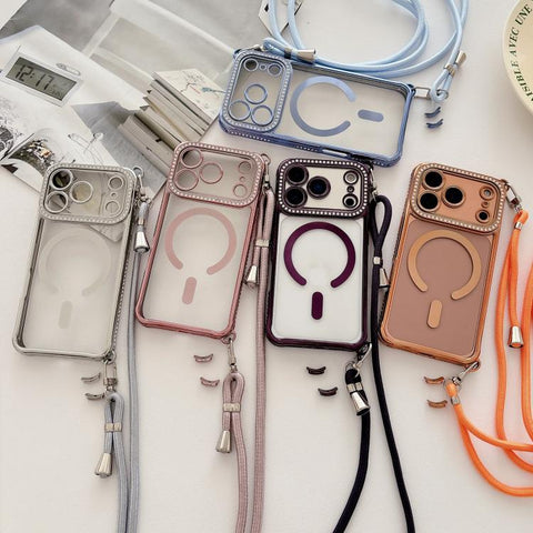 Rhinestone Clear Acrylic Electroplated Magnetic Phone Case with Right-Side Crossbody Lanyard, For iPhone 17 Pro Max, For iPhone 17 Pro, For iPhone 17, For iPhone Air, For iPhone 16 Pro Max, For iPhone 16 Pro, For iPhone 16 Plus, For iPhone 16          ...