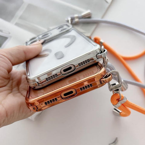 Rhinestone Clear Acrylic Electroplated Magnetic Phone Case with Right-Side Crossbody Lanyard, For iPhone 15 Pro, For iPhone 15 Plus / 14 Plus, For iPhone 15, For iPhone 14 / 13, For iPhone 14 Pro, For iPhone 14 Pro Max, For iPhone 13 Pro Max           ...