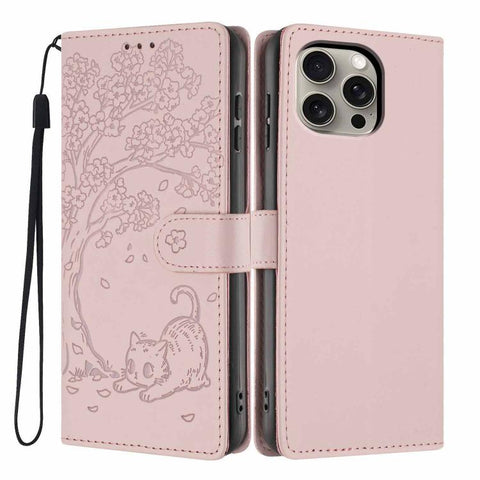 Tree Cat Embossed Flip Vegan Leather Phone Case, For iPhone 15 Pro, For iPhone 15 Plus, For iPhone 15, For iPhone 14 Plus, For iPhone 14, For iPhone 14 Pro