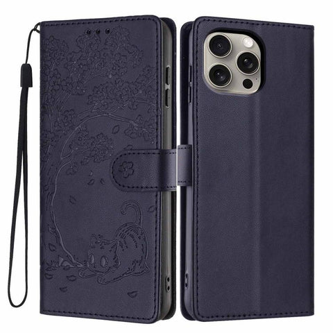 Tree Cat Embossed Flip Vegan Leather Phone Case, For iPhone 15 Pro, For iPhone 15 Plus, For iPhone 15, For iPhone 14 Plus, For iPhone 14, For iPhone 14 Pro