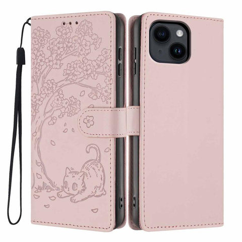 Tree Cat Embossed Flip Vegan Leather Phone Case, For iPhone 15 Pro, For iPhone 15 Plus, For iPhone 15, For iPhone 14 Plus, For iPhone 14, For iPhone 14 Pro