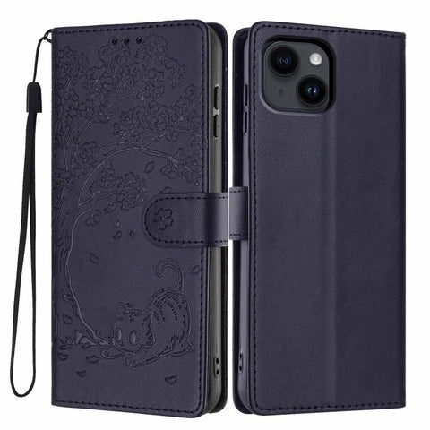 Tree Cat Embossed Flip Vegan Leather Phone Case, For iPhone 15 Pro, For iPhone 15 Plus, For iPhone 15, For iPhone 14 Plus, For iPhone 14, For iPhone 14 Pro