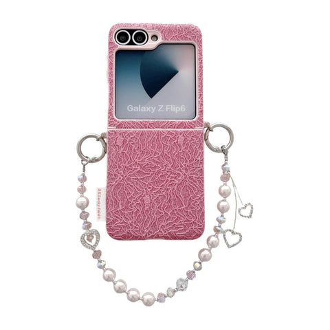 Dual Side Metal Hooks Lace Embossed Phone Case with Wrist Strap, For Samsung Galaxy Z Flip6/7 FE, For Samsung Galaxy Z Flip7 5G, For Samsung Galaxy Z Flip5