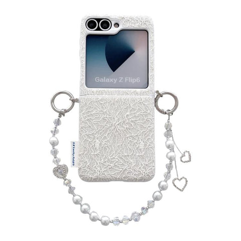 Dual Side Metal Hooks Lace Embossed Phone Case with Wrist Strap, For Samsung Galaxy Z Flip6/7 FE, For Samsung Galaxy Z Flip7 5G, For Samsung Galaxy Z Flip5