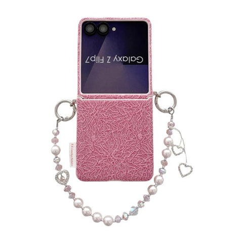 Dual Side Metal Hooks Lace Embossed Phone Case with Wrist Strap, For Samsung Galaxy Z Flip6/7 FE, For Samsung Galaxy Z Flip7 5G, For Samsung Galaxy Z Flip5